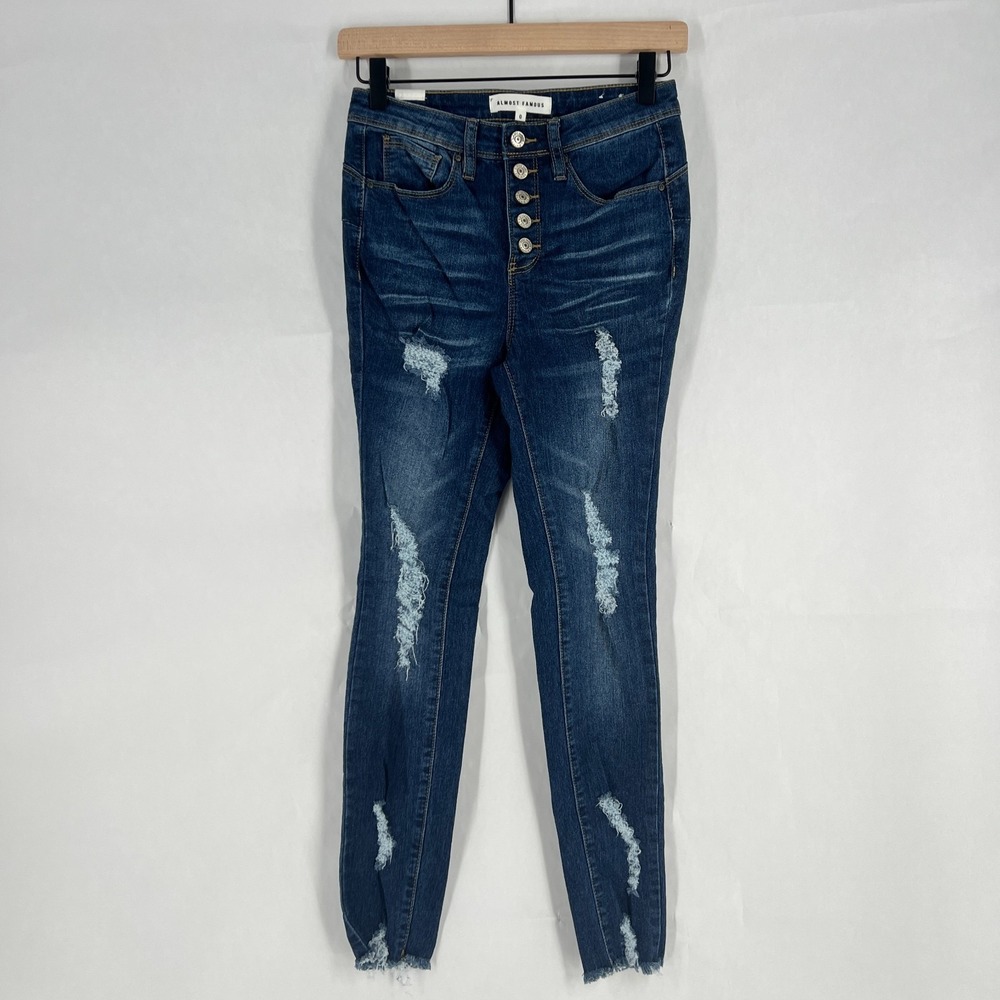 Almost Famous Skinny Jeans Womens 0 Blue Cotton Mid Rise Distressed Frayed Hem
